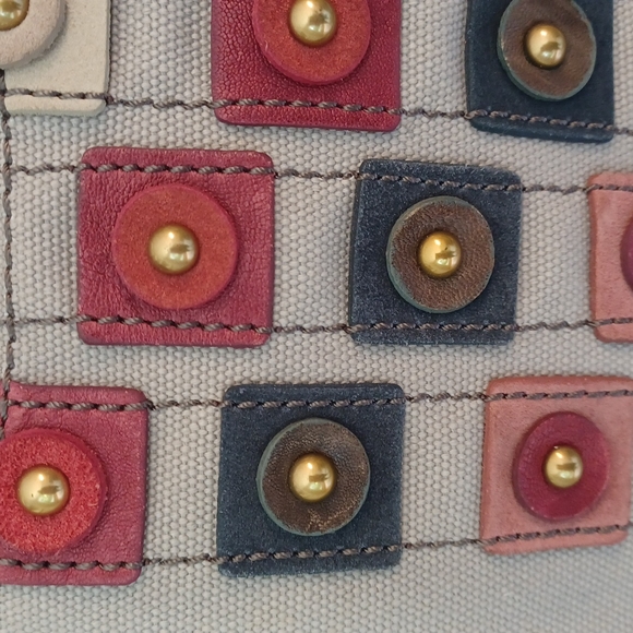 Fossil Taupe Canvas Embellished Circles Squares Tote Bag - Picture 6 of 16